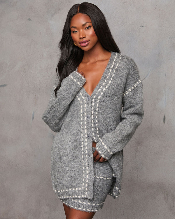 Posy Contrast Stitching Long Sleeve Cardigan Heather Grey