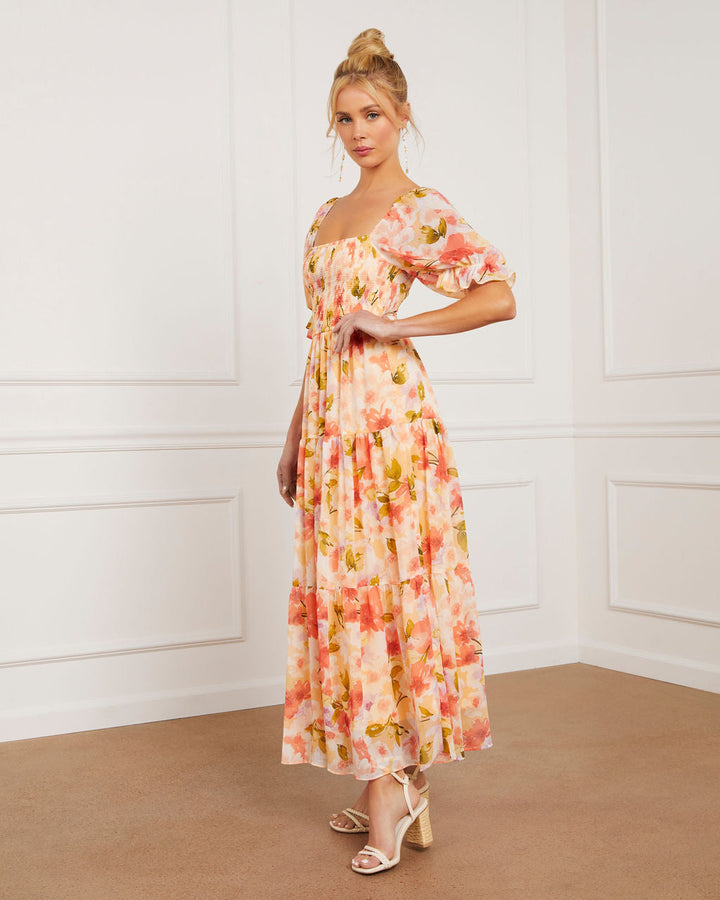 Floral Fantasy Skies Smocked Tiered Puff Sleeve Maxi Dress Multi