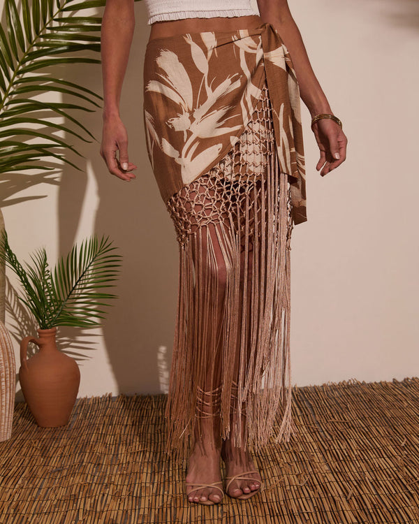Sunny Views Wrap Fringe Mini Skirt Mocha