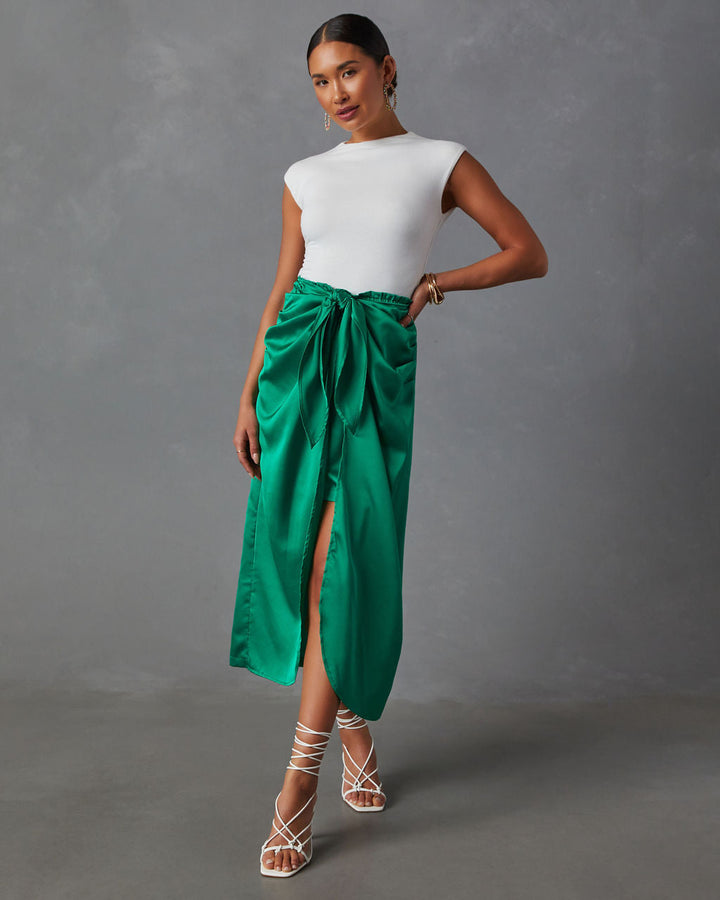 Imogen Satin Printed Tie Front Midi Skirt Kelly Green