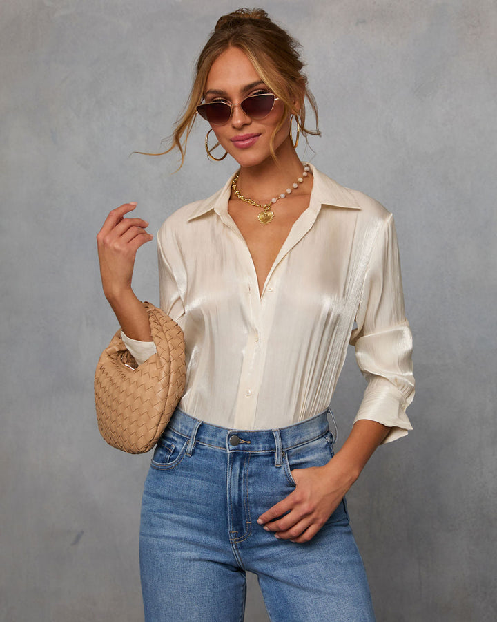 Delicate Romance Sheen Button Down Top Champagne