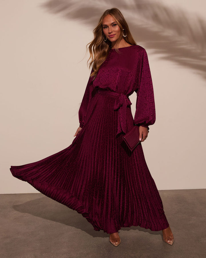 Fairytale Satin Pleated Tie Waist Maxi Dress