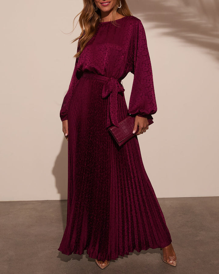 Fairytale Satin Pleated Tie Waist Maxi Dress Merlot