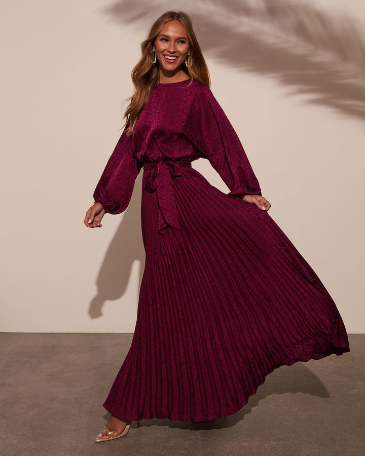 Fairytale Satin Pleated Tie Waist Maxi Dress