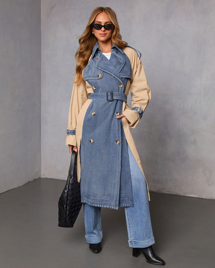 Fallen Oak Color Block Denim Trench Coat