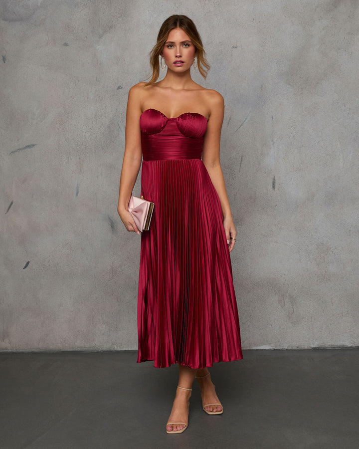Leanna Strapless Bustier Satin Maxi Dress Wine