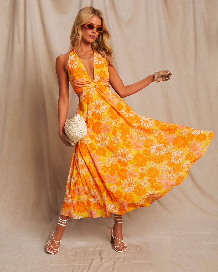 Newport Printed Halter Neck Cutout Midi Dress Yellow