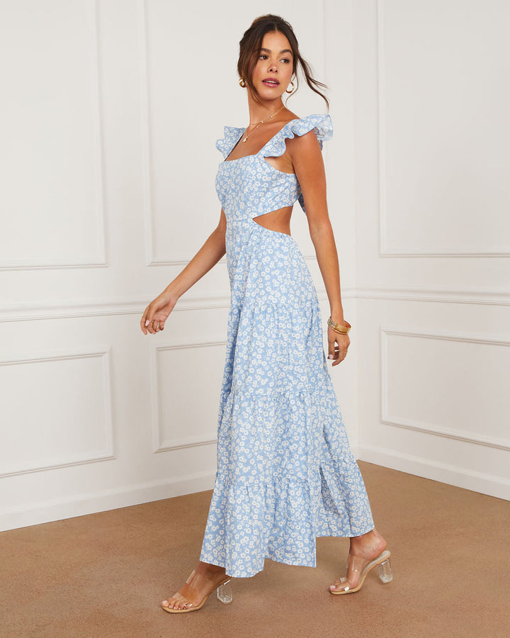 Cordelia Tiered Cut Out Back Floral Maxi Dress Blue Ivory