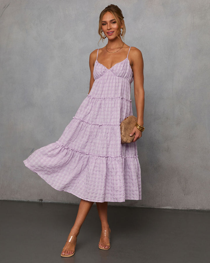 Butterfly Ballet Plaid Midi Dress Lilac