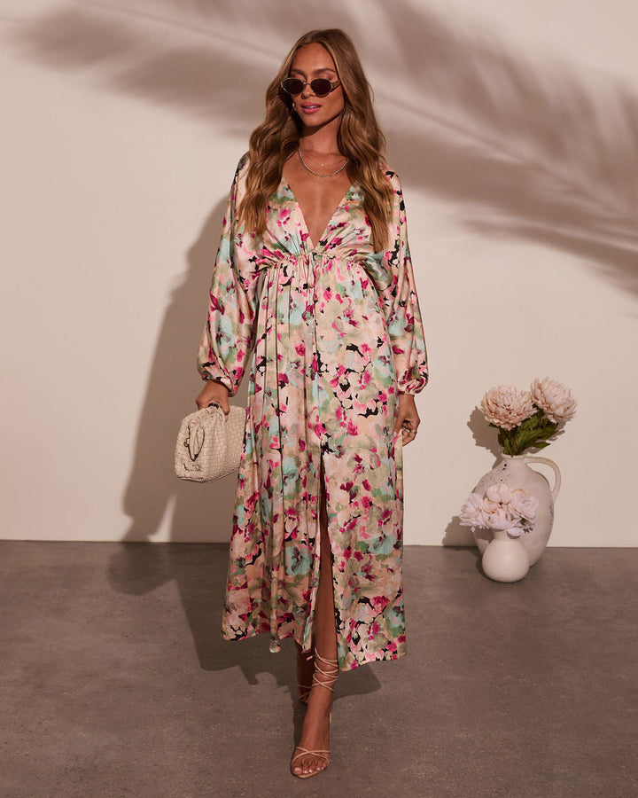 Korina Satin Printed Kimono Empire Waist Maxi Dress Cream Red Floral