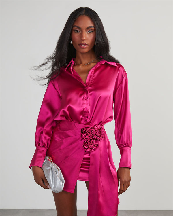 Office & After Dark Satin Button Up Bodysuit Fuchsia