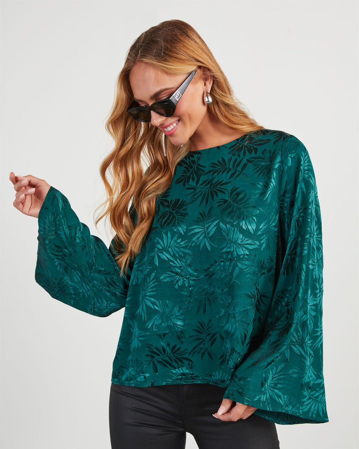 Odette Embossed Wide Sleeve Top Dark Green