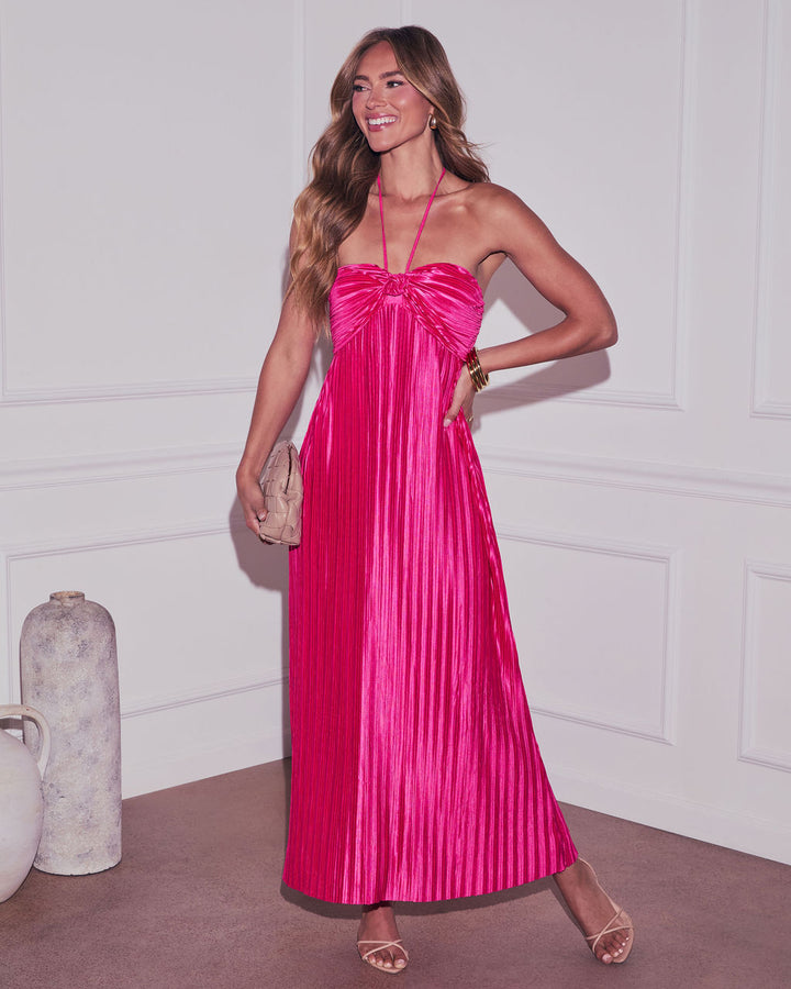 Raise A Toast Satin Plisse Halter Maxi Dress Fuchsia