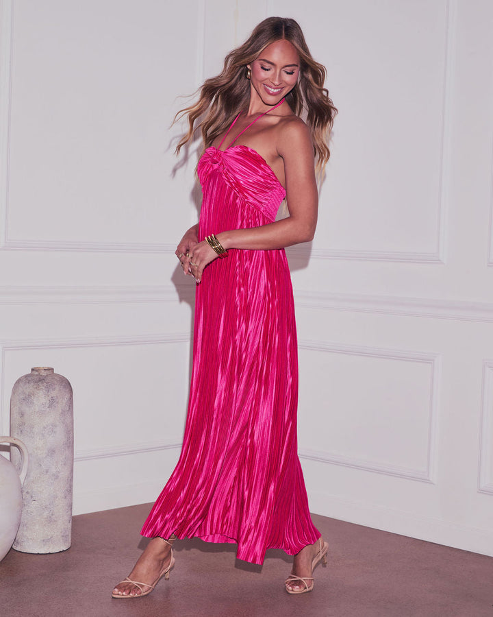 Raise A Toast Satin Plisse Halter Maxi Dress