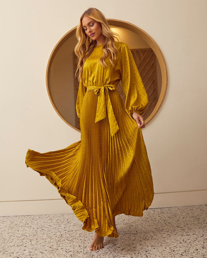 Fairytale Satin Pleated Tie Waist Maxi Dress Dijon