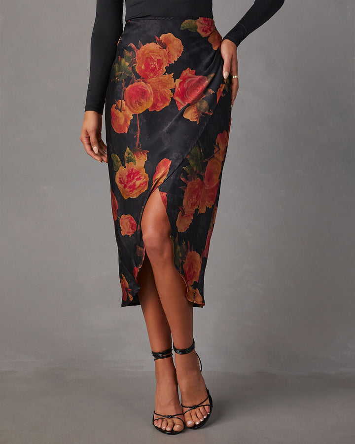 Mona Satin Floral Midi Skirt Black