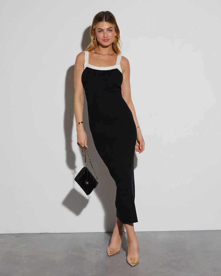 Elevated Ribbed Knit Midi Dress Black White