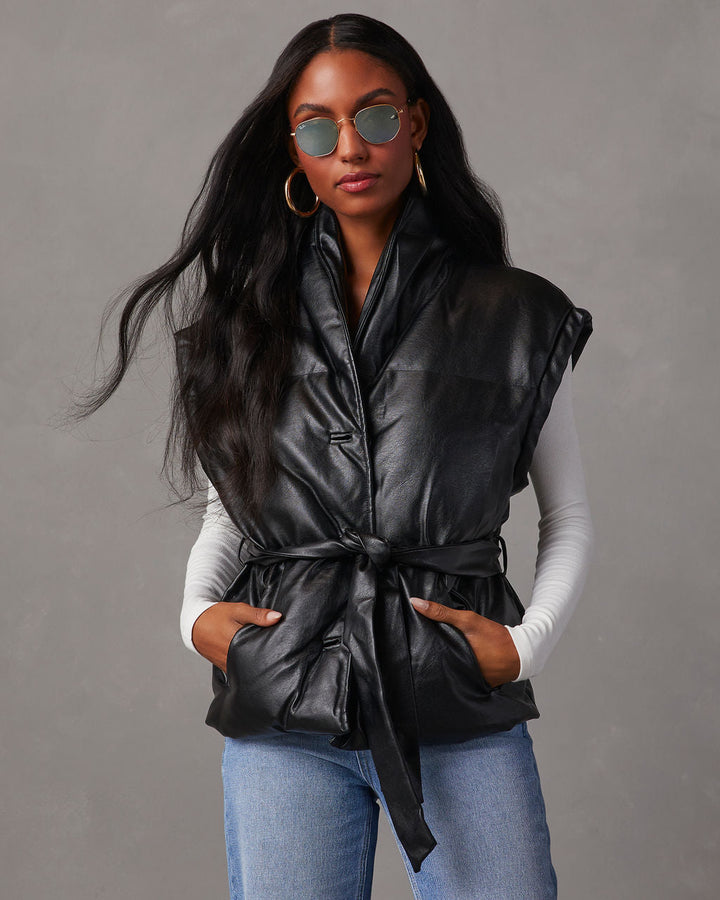 Rubio Belted Faux Leather Puffer Vest Black