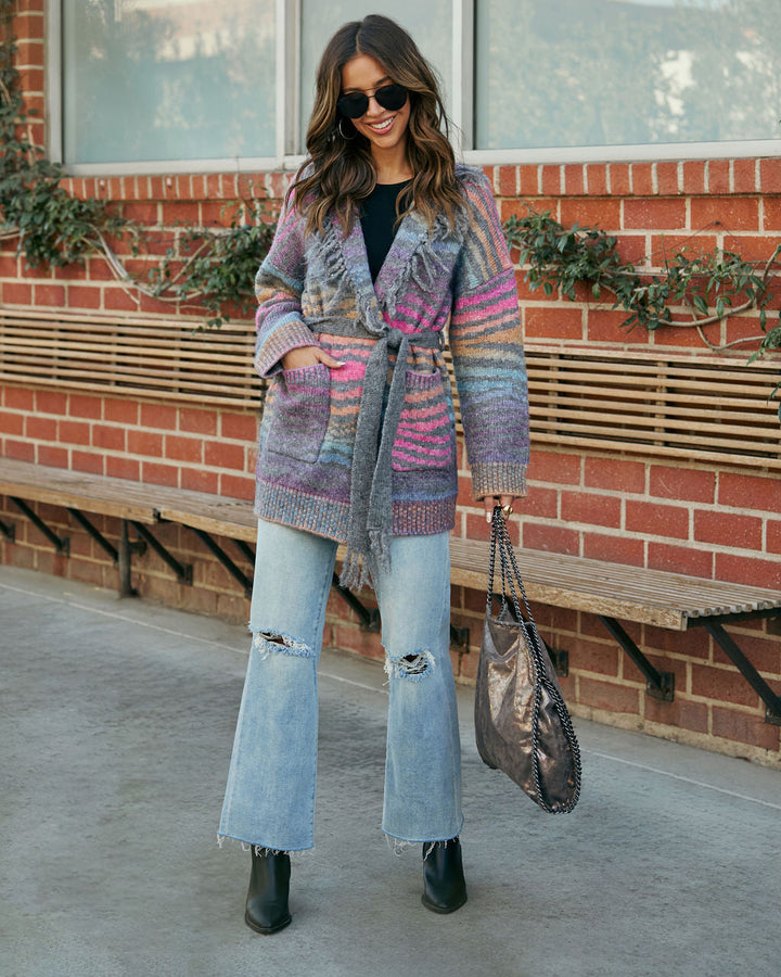 Zafina Fringe Waist Tie Cardigan Heather Grey Multi