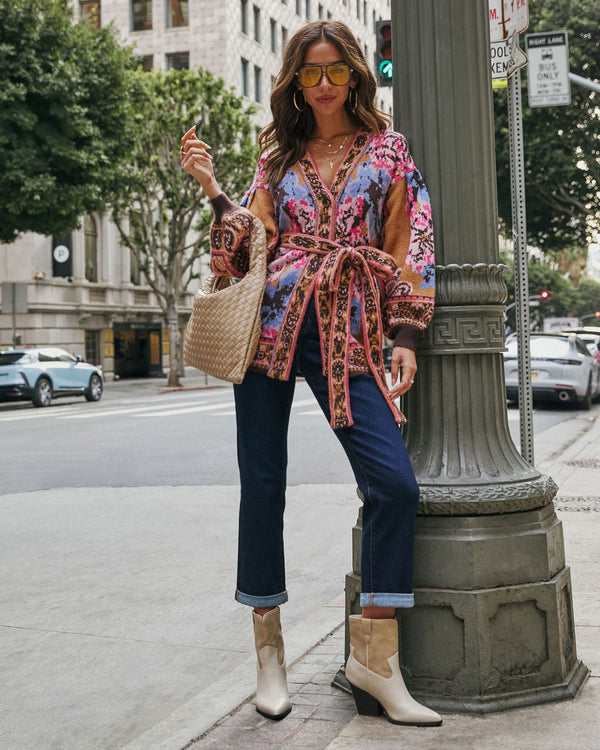Daisy Days Floral Waist Tie Cardigan Tan Multi