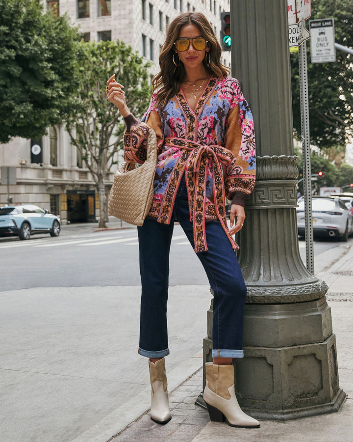 Daisy Days Floral Waist Tie Cardigan Tan Multi