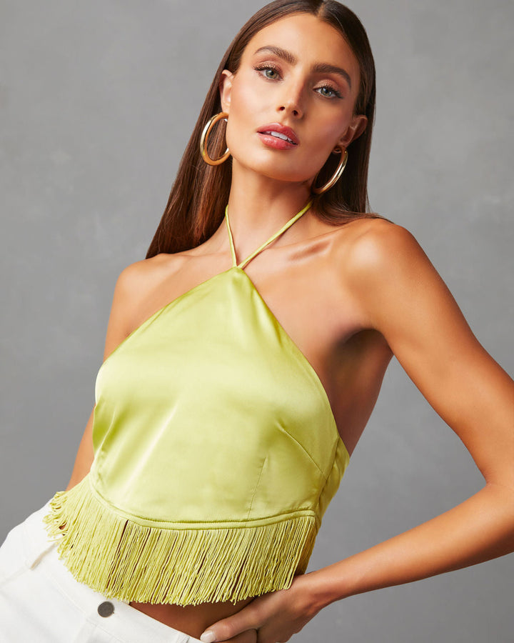 Viva La Vida Satin Fringe Hem Halter Top Lime
