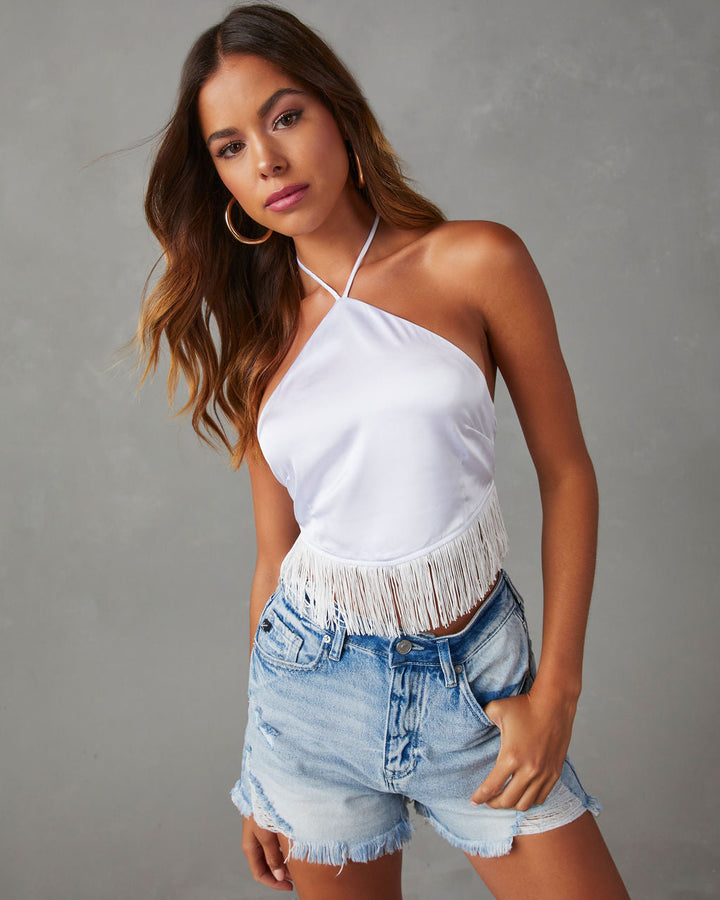 Viva La Vida Satin Fringe Hem Halter Top Off White