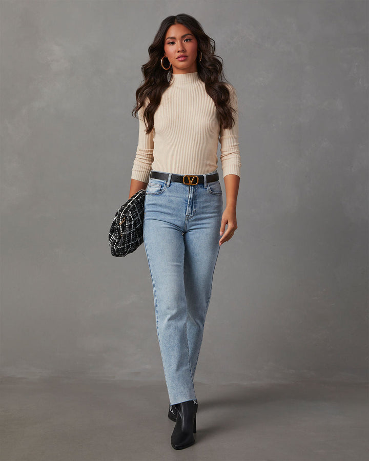 Naomi Ribbed Mock Neck Long Sleeve Top Ecru