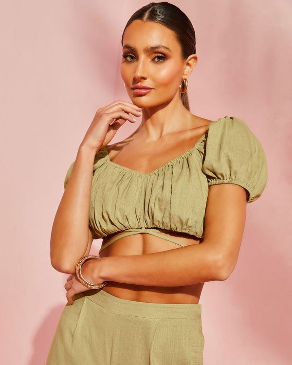 Corsicana Linen Waist Tie Crop Top Green