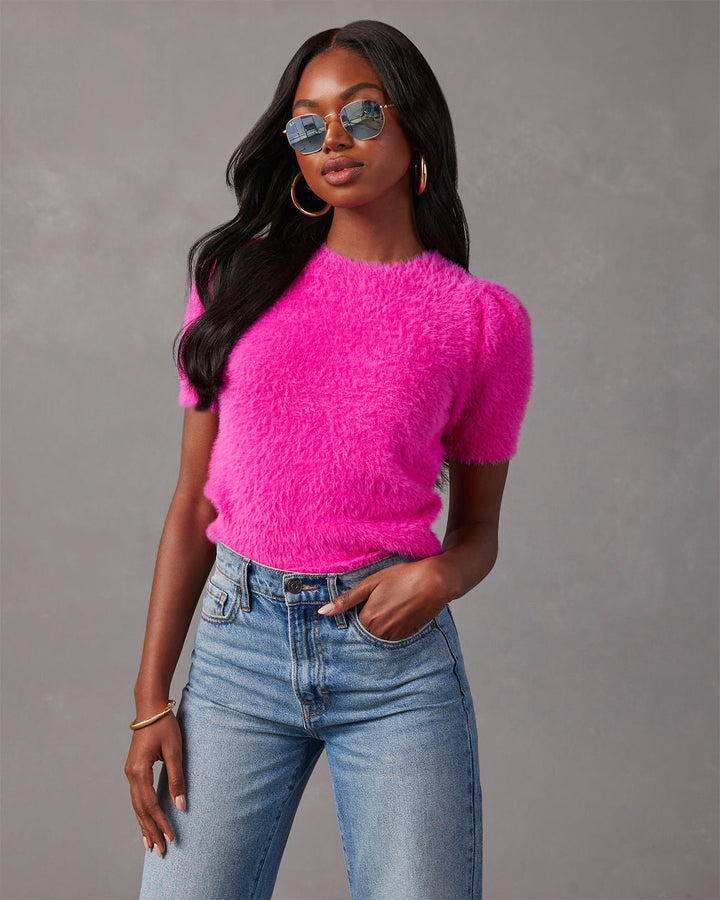 Emanuelle Fuzzy Short Sleeve Sweater Top Hot Pink