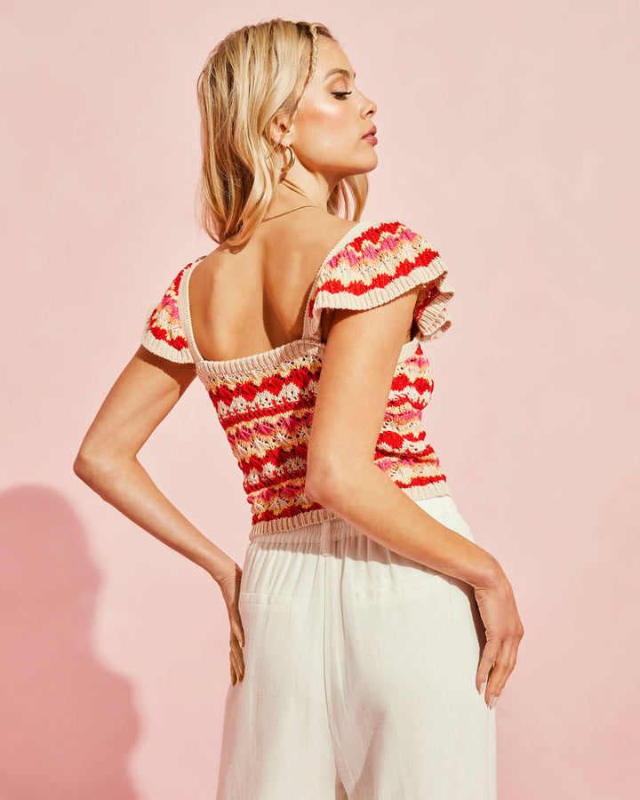 Josephine Cotton Crochet Knit Flutter Sleeve Top