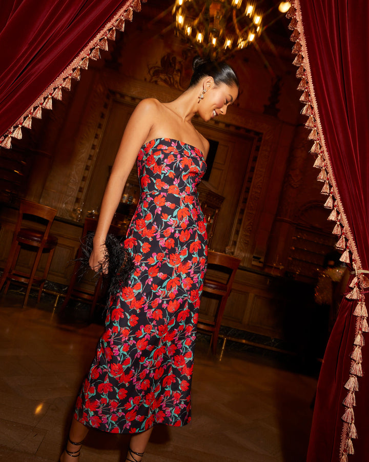 Thalia Strapless Floral Midi Dress Black Red