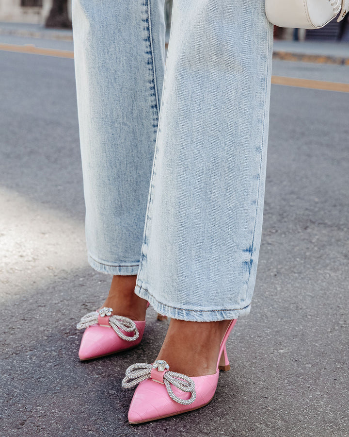 Ophelia Croc Embossed Crystal Embellished Bow Mule Heels Pink