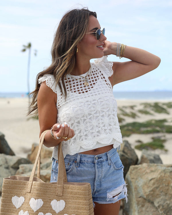Bella Crochet Knit Eyelet Flutter Sleeve Top White