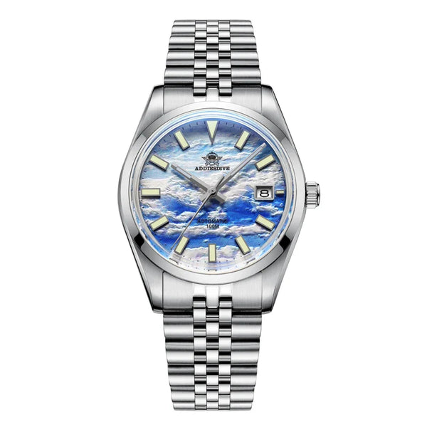 ADDIESDIVE Automatic watch Men Luminous NH35 Mechanical Wristwatch 39mm 3D Cloud Sea Dial 10Bar Waterproof Men's Watches Reloj Silver 3D Cloud Sea