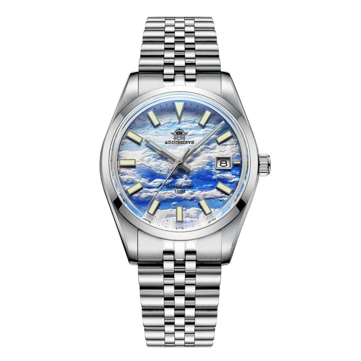 ADDIESDIVE Automatic watch Men Luminous NH35 Mechanical Wristwatch 39mm 3D Cloud Sea Dial 10Bar Waterproof Men's Watches Reloj Silver 3D Cloud Sea