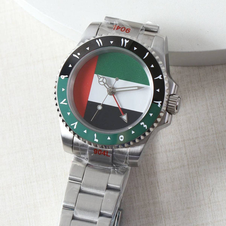 NH34 GMT Watch Flag of the United Arab Emirates Dial 40mm Green Black Bezel Automatic Mechanical Movement Watch Sapphire Crystal