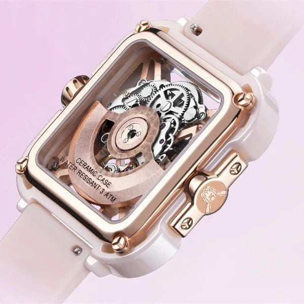 CIGA Design X Series Women's Watch: Pink Ceramic Skeleton with Soft Silicone Strap