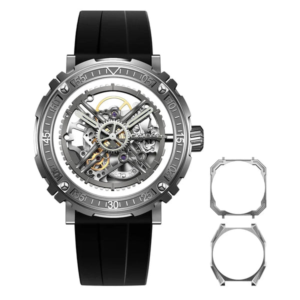 CIGA Design Magician Series Men's Watch: 3-in-1 Skeleton with Steel Case & Fluororubber Strap Stainless Steel Case