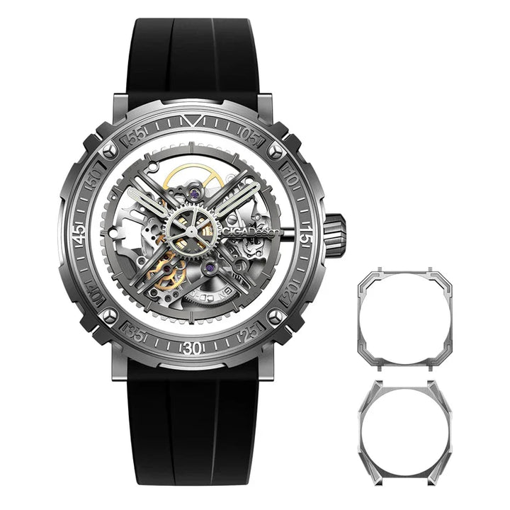CIGA Design Magician Series Men's Watch: 3-in-1 Skeleton with Steel Case & Fluororubber Strap Stainless Steel Case