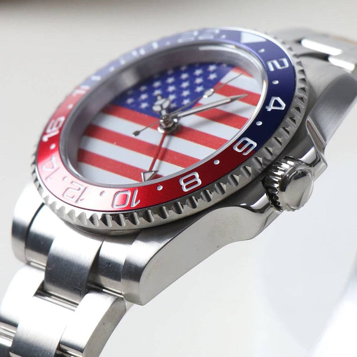 MINUTETIME NH34 GMT Watch DIY Dial American Flag 40MM Red Blue Bezel Automatic Movement Watch Sapphire Crystal 10ATM Waterproof
