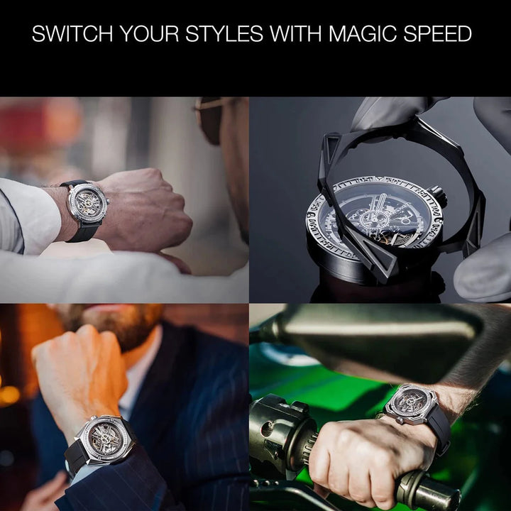 CIGA Design Magician Series Men's Watch: 3-in-1 Skeleton with Steel Case & Fluororubber Strap