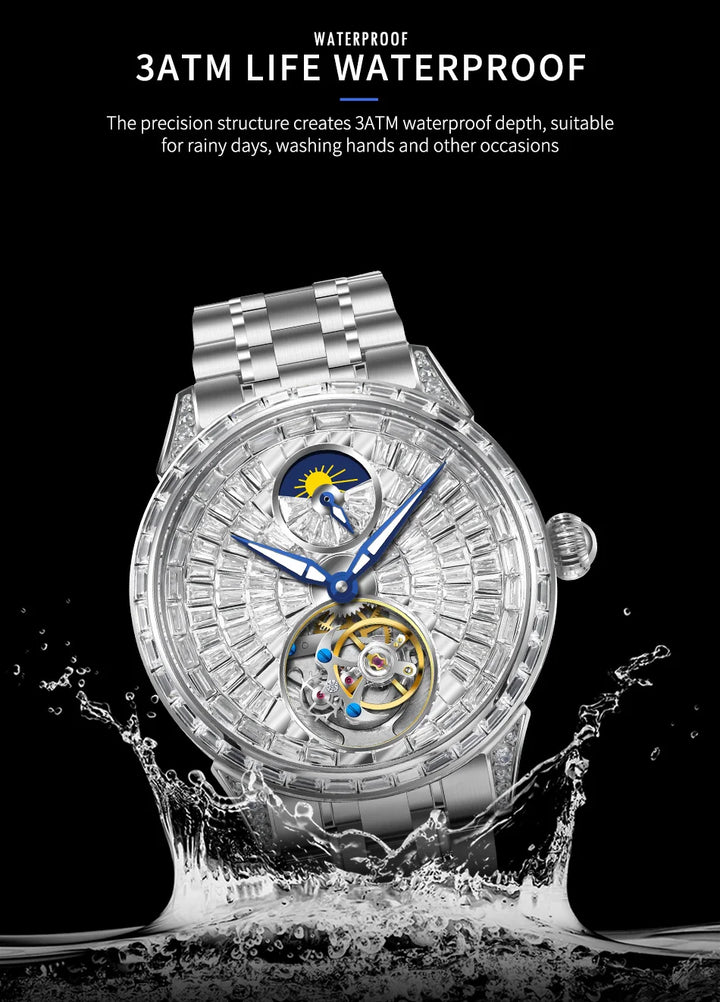 Men's Watch: Diamond Dial Stainless Steel Belt with Tourbillon Movement