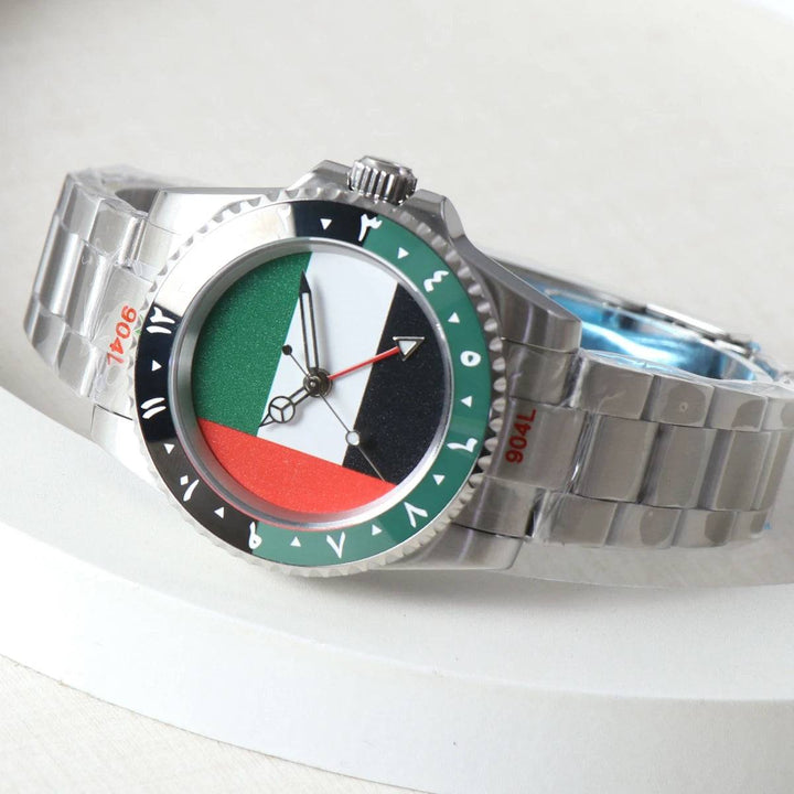 NH34 GMT Watch Flag of the United Arab Emirates Dial 40mm Green Black Bezel Automatic Mechanical Movement Watch Sapphire Crystal
