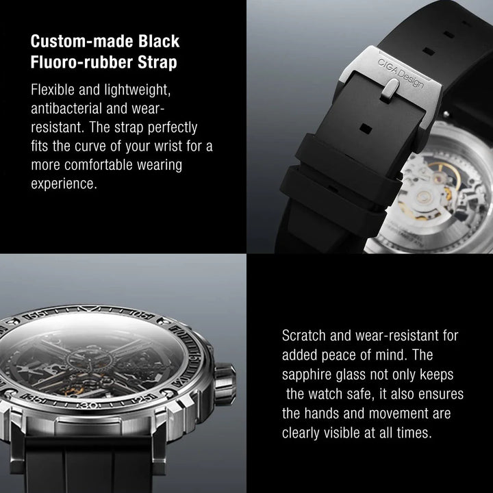 CIGA Design Men's Watch: 3-in-1 Titanium Skeleton with Fluororubber Strap