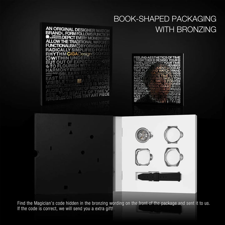 CIGA Design Magician Series Men's Watch: 3-in-1 Skeleton with Steel Case & Fluororubber Strap