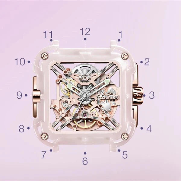 CIGA Design X Series Women's Watch: Pink Ceramic Skeleton with Soft Silicone Strap
