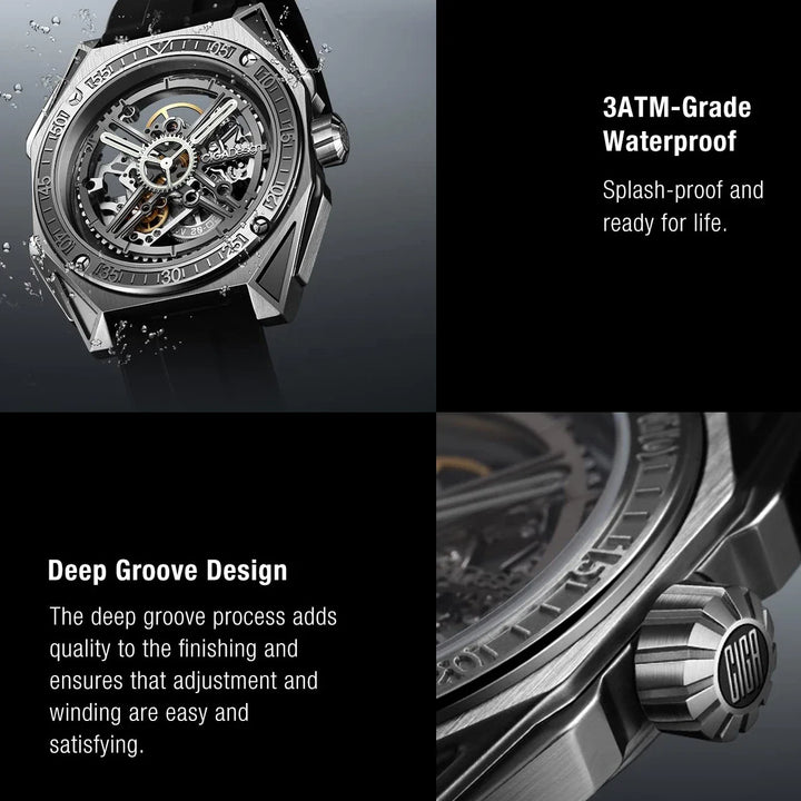 CIGA Design Magician Series Men's Watch: 3-in-1 Skeleton with Steel Case & Fluororubber Strap