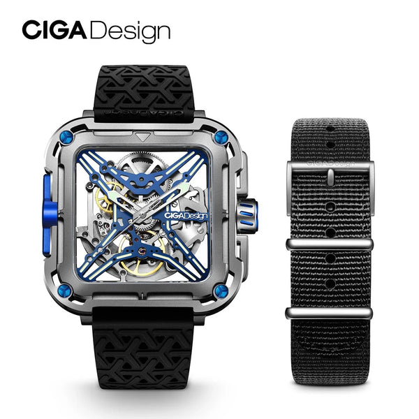 CIGA Design X Series Men's Watch: Titanium Skeleton with Luminous Design & Two Straps Titanium Blue