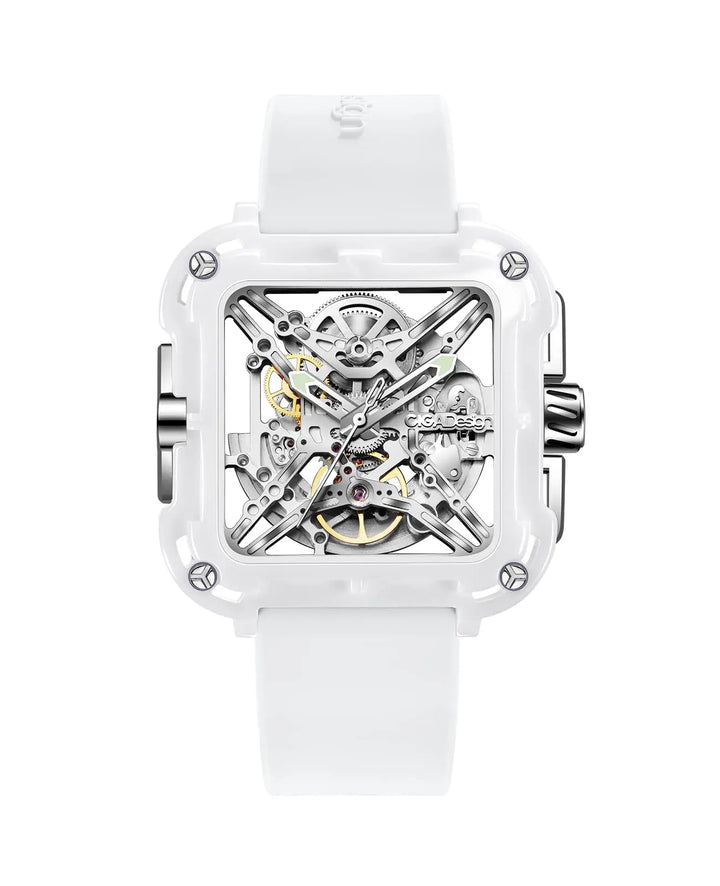 CIGA Design X Series Couple Watch: White Ceramic Skeleton with Luminous Design White Automatic